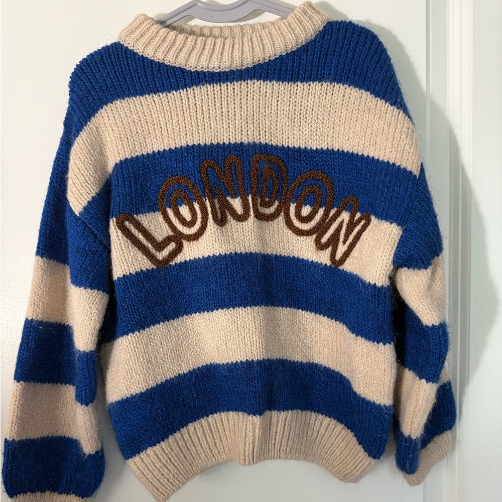 Zara Blue and Cream Cowl Neck Sweater with Nautical Stripes